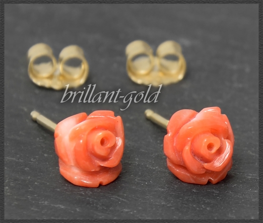 Ohrstecker rote Edel-Koralle Rosen Blume, 585 Gold